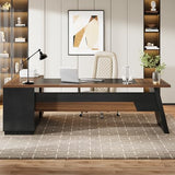 78" L-Shaped Executive Desk, Large Modern Office Desk with Drawers and File Cabinet, Business Furniture (Light Walnut + Black)