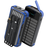 SOXONO Solar Charger Power Bank, PD 20W Fast Charging External Batter, 40000mAh Portable Phone Charger Built in 4 Cables with Dual Bright Flashlights for Camping, Hiking, and Outdoor Use (Blue)