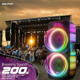 Dolphin Elite 290 Bluetooth Party Speaker – Dual 15" Big Speaker with Wireless Microphone, XLR Input, 200W RMS, Translucent Cabinet, Deep Bass, LED Light Show, High Clarity Sound, DJ & Karaoke Ready
