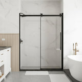 Bathenum 60.in W x 72.in H Frameless Shower Door Single Sliding, 1/4 inch Thick Clear Tempered Glass Shower Door with Zinc Roller Rail System, Stainless Steel Handle, Matte Black