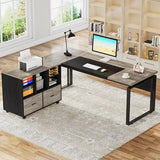 L-Shaped Executive Desk with Reversible File Cabinet, 63" Office Desk with Storage Drawers, L-Shaped Computer Desk (Gray & Black)