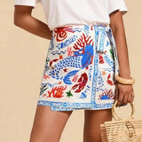 Talakeno Womens Summer Floral Wrap Short Skirt Tie Side High Waist A Line Beach Vacation Boho Mini Skirt(Sky-Blue,XL)
