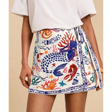 Talakeno Womens Summer Floral Wrap Short Skirt Tie Side High Waist A Line Beach Vacation Boho Mini Skirt(Navy-Blue,M)