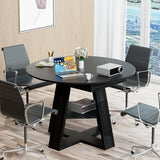 43.3in-59in Extendable Round Conference Table for 4-6 People,Wooden Oval Meeting Room Table with Removable Leaves,Space Saving,Office Table with Storage Shelf for for Office Conference Room