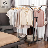 VICERII Clothing Rack, Heavy Duty Clothes Racks with Wheels and Bottom Shelf, 52.36’’ Metal Double Clothing Racks with Wheels, Black