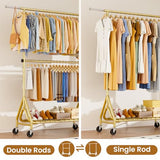 JIEJIERUI Heavy Duty Clothes Rack for Hanging Clothes, Double Rods Clothing Rack with Lockable Wheels, Rolling Garment Racks, Gold
