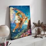 UFO Victorian Landscape Canvas Wall Art Whimsical Funny Alien Riding A Cat Wall Decor Pictures Eclectic Cat Poster Print for Dorm Bedroom Home Decoration 12x16in