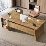 78" L Shaped Desk with Drawers, Large Executive Office Desk with File Cabinet and Shelves, Brown