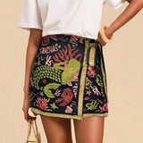 Talakeno Womens Summer Floral Wrap Short Skirt Tie Side High Waist A Line Beach Vacation Boho Mini Skirt(Black-Gold,L)