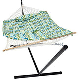 Sunnydaze Rope Hammock with Stand for Outside- 275-Pound Capacity - Includes 12-Foot Hammock Stand, Spreader Bar, Pad, and Pillow - Blue and Green Chevron