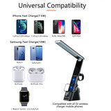 IHAO 6in1 Multifunctional Foldable LED Table Lamp with Wireless Charger Digital Alarm Clock Eye-Care Lighting 3 Color Modes 15W Qi Charger for Phone/Headphones, iWatch Charger Compatible-N61 White