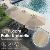 GREENVINES 15FT-Double-Sided-Patio-Umbrella-with-Base | Fiberglass Ribs | No Tilt |Large Outdoor Market Umbrellas | w/Crank Handle | Heavy Duty | for Poolside Garden Deck Backyard Beach | Tan