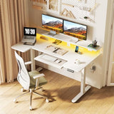 55 Inch Height Adjustable Desk with Power Outlets & LED Lights, Sit Stand Table with Monitor Stand for Home