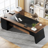 78" L-Shaped Executive Desk, Large Modern Office Desk with Drawers and File Cabinet, Business Furniture (Light Walnut + Black)