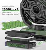36000mAh Portable Camping Fan - 120HRS Rechargeable Fan with Detachable Battery with LED - 4 Speeds Battery Powered for Tent,Travel, Office, Jobsite, Green