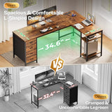Huuger 63 Inch L Shaped Desk with Fabric Drawers, Computer Office Desk with Power Outlets and USB-C Port, Corner Desk with Storage Shelves