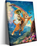 UFO Victorian Landscape Canvas Wall Art Whimsical Funny Alien Riding A Cat Wall Decor Pictures Eclectic Cat Poster Print for Dorm Bedroom Home Decoration 12x16in