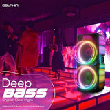 Dolphin Elite 290 Bluetooth Party Speaker – Dual 15" Big Speaker with Wireless Microphone, XLR Input, 200W RMS, Translucent Cabinet, Deep Bass, LED Light Show, High Clarity Sound, DJ & Karaoke Ready