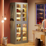 Tribesigns Tall Shoe Cabinet with Acrylic Doors and LED Lights, 8-Tier Entryway Shoe Organizer Storage Rack with Adjustable Shelves and Hanging Hooks for Narrow Closet, Hallway, Living Room, Gray