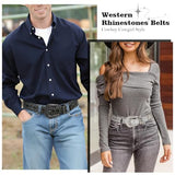 WHIPPY Women Western Rhinestones Belts Men Studded Belt for Jeans Bling Cowgirl Cowboy Waist Belt with Removable Buckle, Black Sequin, S