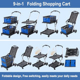 2 Tier Multi Use Foldable Shopping Cart with 2 Storage Crates,Folding Shopping Trolley Utility Cart for Office,Groceries, Warehouse,Supermarket