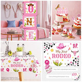 cocomigo 131Pcs My First Rodeo Decorations Girl, with Cowgirl Hat, Tablecloth, Photo Banner, Balloon Boxes, Backdrop, Balloon Arch, for Pink First Birthday Decorations for Girl