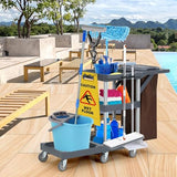 Commercial Janitorial Cart on Wheels, 3-Shelf Cleaning Trolley Cart with 16-Gallon Trash Bag