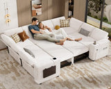 Modular Sectional Sleeper Sofa with Pull Out Bed, 8 Seat Plush Corduroy U Shaped Couch with Storage