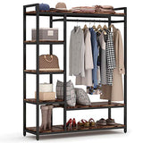 LITTLE TREE Free Standing Wood Closet Clothes Rack,Heavy Duty Grament Rack with Shelves,Hanging Racks for Clothes Clothing Rack for Bedrom,Wardrobe Closet Organizer,350 lb Capacity,Rustic