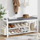 Homaxy 2-Tier Shoe Rack Bench with Side Holder, 39.4 in Bamboo Entryway Bench, Shoe Rack Organizer with Cushion for Front Entrance, Hallway Living Room Bedroom, White and Dark Grey
