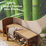 SOBIBO Bamboo Shoe Rack Bench with Rattan Seat, 3-Tier Shoe Storage Bench, Entryway Bench for Hallway, Walnut-31.5 inches