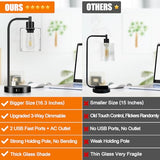 Set of 2 Industrial Touch Control Table Lamps with USB C+A Ports and AC Outlet - 3-Way Dimmable Black Bedside Lamps Nightstand Desk Lamps
