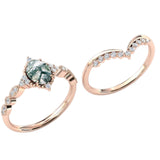 Natural Moss Agate Wedding Ring set Engraving Text Moss Agate promise Ring Set 18k gold Ovel Moss Agate Stone