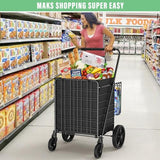 455lbs Shopping Cart for Groceries, Large Heavy Duty Grocery Cart on Wheels, Folding Dual Basket Utility Carts with Waterproof Liner