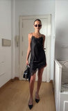 Women's Satin Lace Dress Asymmetric Cocktail Mini Dress Layering Essentials Elegant Dresses Date Night Outfits(Black,L)