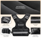 Koemier Adjustable Weighted Vest for Men and Women,11-20lb Vest with 6 Ironsand Weights,with Reflective Stripe,for Strength Training, Running, Fitness, Walking