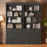 Vyre 71" Tall Farmhouse Bookshelves with Glass Doors and Drawers, Set of 3 – Large Modular Bookcase with Adjustable Shelves