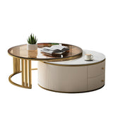 homary Round Nesting Coffee Table, 28”-32” Rotating Coffee Tables with Heat-Resistant Sintered Stone & Tempered Glass Top, Gold Frame for Modern Living Room (Glossy Ivory)
