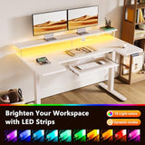 55 Inch Height Adjustable Desk with Power Outlets & LED Lights, Sit Stand Table with Monitor Stand for Home