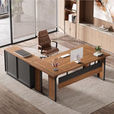 63" Executive Desk, Modern Office Desk with Privacy Panel & Metal Frame, Large Computer Desk for Home Office (Brown & Black, Only Table)