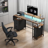 Gaming Desks with Led Lights and Power Outlets, 55 Inch with Shelves Monitor Stand, Rustic Brown