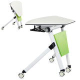 Mobile Folding Conference Table, Modern Splicing Meeting Room Desk for Office Training, Green White Sector Shape, Flip Top with Silent Wheels, 1 Pcs
