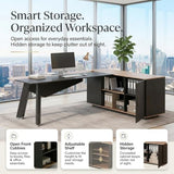 63" Executive Office Desk with Reversible Storage Cabinet, L Shaped Office Desk