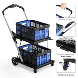 2 Tier Multi Use Foldable Shopping Cart with 2 Storage Crates,Folding Shopping Trolley Utility Cart for Office,Groceries, Warehouse,Supermarket