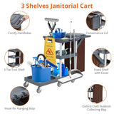 Commercial Janitorial Cart on Wheels, 3-Shelf Cleaning Trolley Cart with 16-Gallon Trash Bag