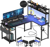 Aheaplus Small L Shaped Gaming Desk with LED Lights & Power Outlets, Reversible L-Shaped Computer Desk with Monitor Stand & Storage Shelf