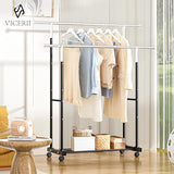 VICERII Double Clothing Rack, 130LB Capacity Heavy Duty Garment Rack with Wheels and Bottom Shelf, 55.51 Inch Long Rolling Clothes Racks, Black