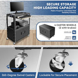Auto Dynasty Height Adjustable Rolling AV Cart with Locking Storage Cabinet and Pullout Keyboard Tray (Black)