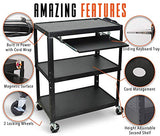 Line Leader Extra Wide Rolling AV Cart - Adjustable Shelf Height Computer Stand Workstation, Includes Pullout Keyboard Tray
