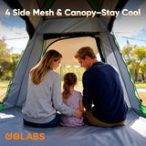 Golabs 3 Person Camping Tent w/ 9.5x8.5 ft Canopy, 3-Minute Setup by Pre-Attached Pole, PU1500mm Waterproof, 4 Side Mesh Tent Top & Door & Ventilation, Portable Family Tent w/Carry Bag & Pocket & Hook